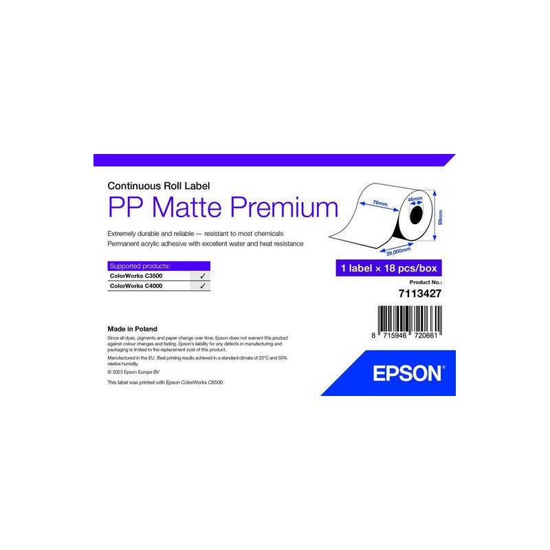 PP Matte Label Premium, Cont. Roll, 76mm x 29mm