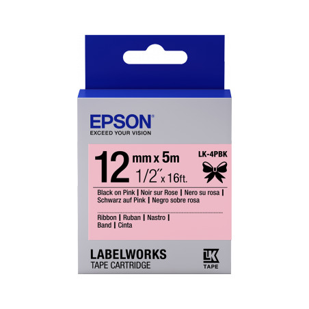 Epson zásobník so štítkami – saténový pásik, LK-4HKK, čierna/ružová, 12 mm (5 m)
