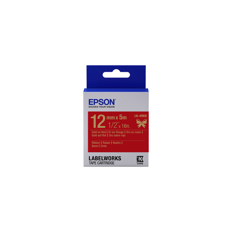 Epson zásobník so štítkami – saténový pásik, LK-4HKK, zlatá/červená, 12 mm (5 m)