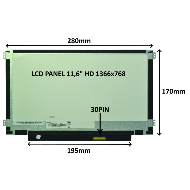 LCD PANEL 11,6'' HD 1366x768 30PIN MATNÝ / ÚCHYTY PO STRANÁCH