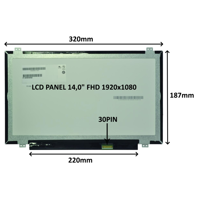 LCD PANEL 14,0'' FHD 1920x1080 30PIN MATNÝ IPS / ÚCHYTY HORE A DOLE