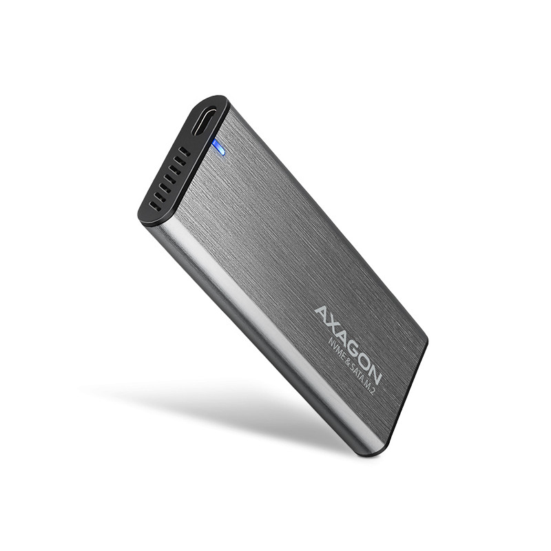 AXAGON EEM2-SG2, USB-C 3.2 Gen 2 - M.2 NVMe & SATA SSD kovový RAW box, bezskrutkový, strieborný