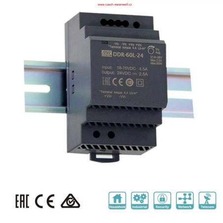 MEANWELL - DDR-60L-15 Menič DC/DC na DIN lištu