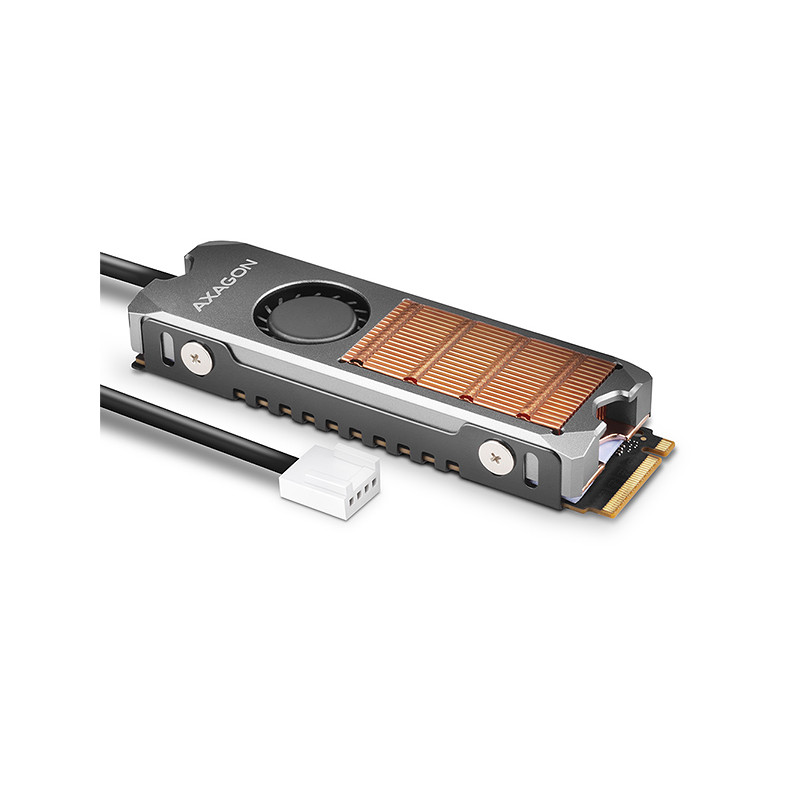 AXAGON CLR-M2FAN, medený chladič s ventilátorom pre jedno aj obojstranný M.2 SSD disk, výška 13 mm
