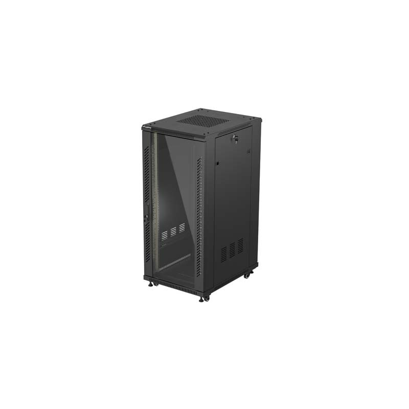 19'' VOĽNE STOJÚCA RACKOVÁ SKRIŇA 27U/600X800 (FLAT PACK) S PRESKLENÝMI DVERAMI ČIERNA LANBERG