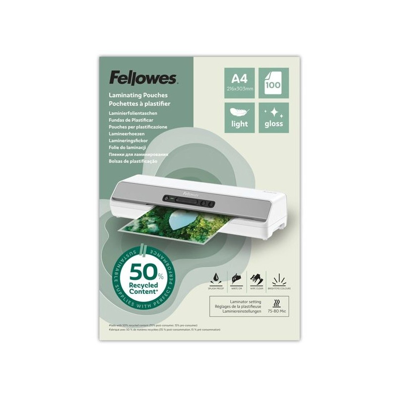 Laminovacia fólia Fellowes A3 80 mic z recyklovaného materiálu (50%), lesklé