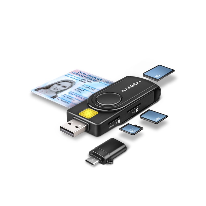 AXAGON CRE-SMP2A, USB-A + USB-C PocketReader 4-slot čítačka Smart card (eObčanka) + SD/microSD/SIM