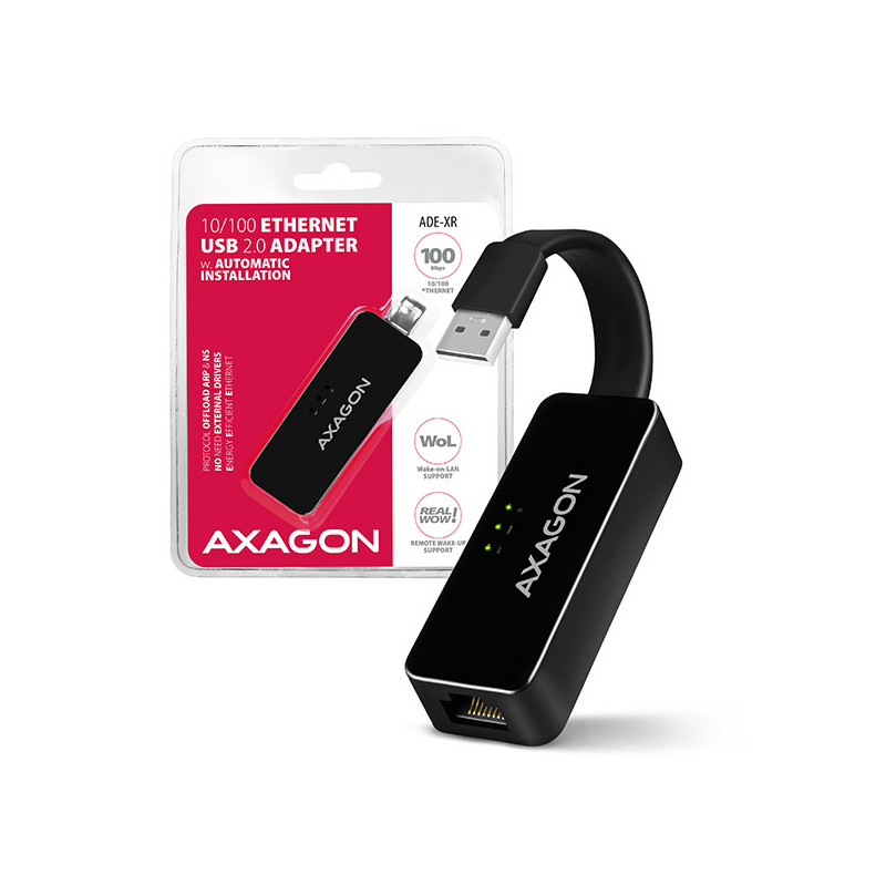 AXAGON ADE-XR, USB 2.0 - Fast Ethernet sieťová karta, auto inštal, čierna