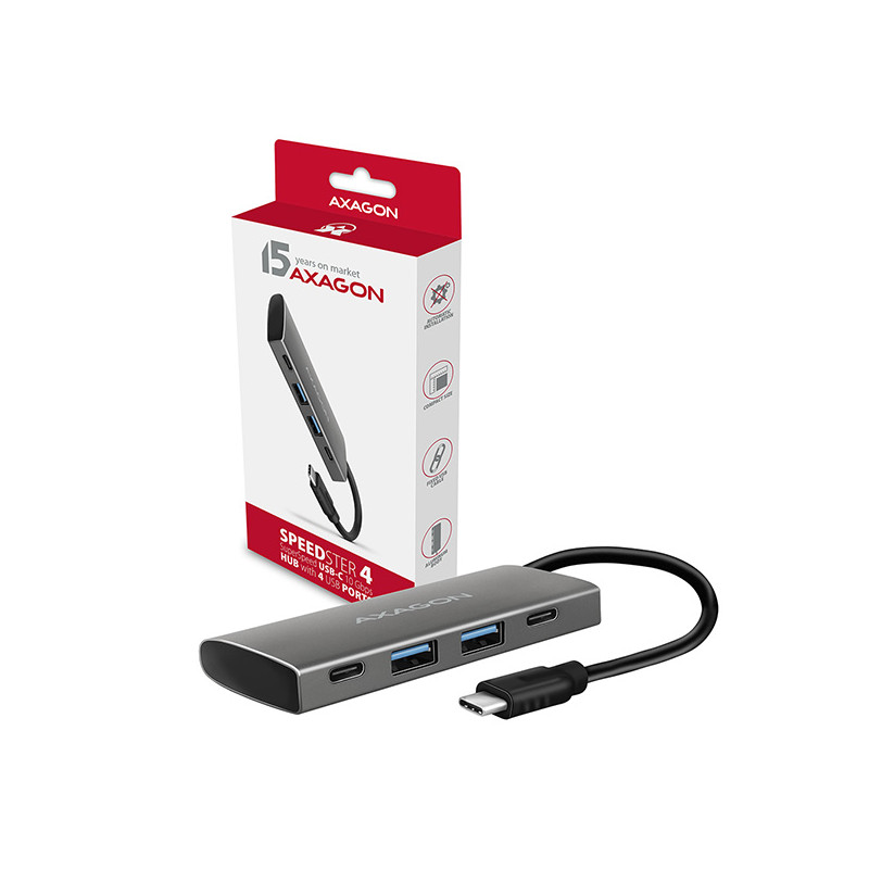 AXAGON HMC-4G2, USB-C 3.2 Gen 2 10 Gb/s hub, porty 2x USB-A + 2x USB-C, kábel USB-C 13cm