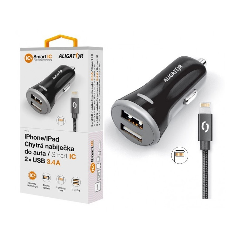 ALIGATOR 3.4A, 2xUSB, smart IC, čierna, USB kábel pre iPhone / iPad