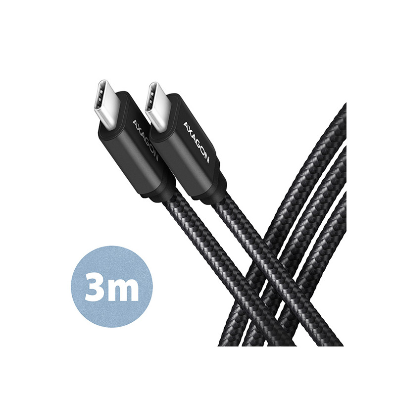 AXAGON BUCM3-CM30AB, SPEED kábel USB-C -- USB-C, 3m, USB 3.2 Gen 1, PD 60W 3A, ALU, oplet, čierny