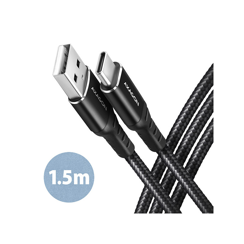 AXAGON BUCM-AM15AB, HQ kábel USB-C -- USB-A, 1.5m, USB 2.0, 3A, ALU, oplet, čierny