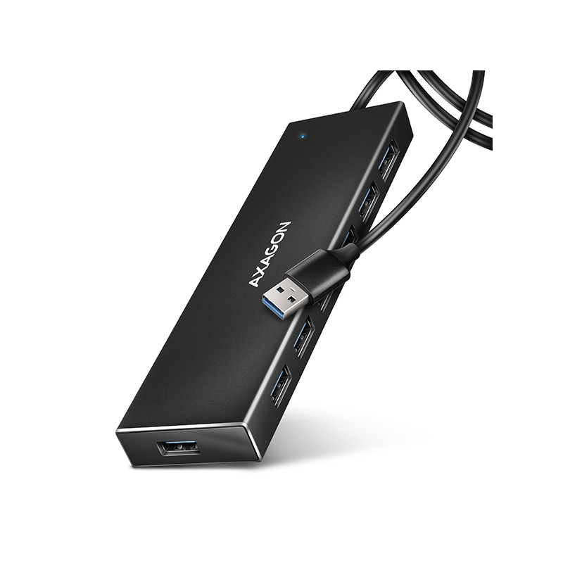AXAGON HUE-F7A, 7x USB 3.2 Gen 1 ALU FLAT CHARGING hub, micro USB napájací konektor, kábel USB-A 1m