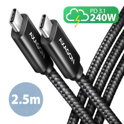 AXAGON BUCM2-CM25AB, CHARGE kábel USB-C -- USB-C, 2.5m, Hi-Speed USB, PD 240W 5A, ALU, oplet, čierny