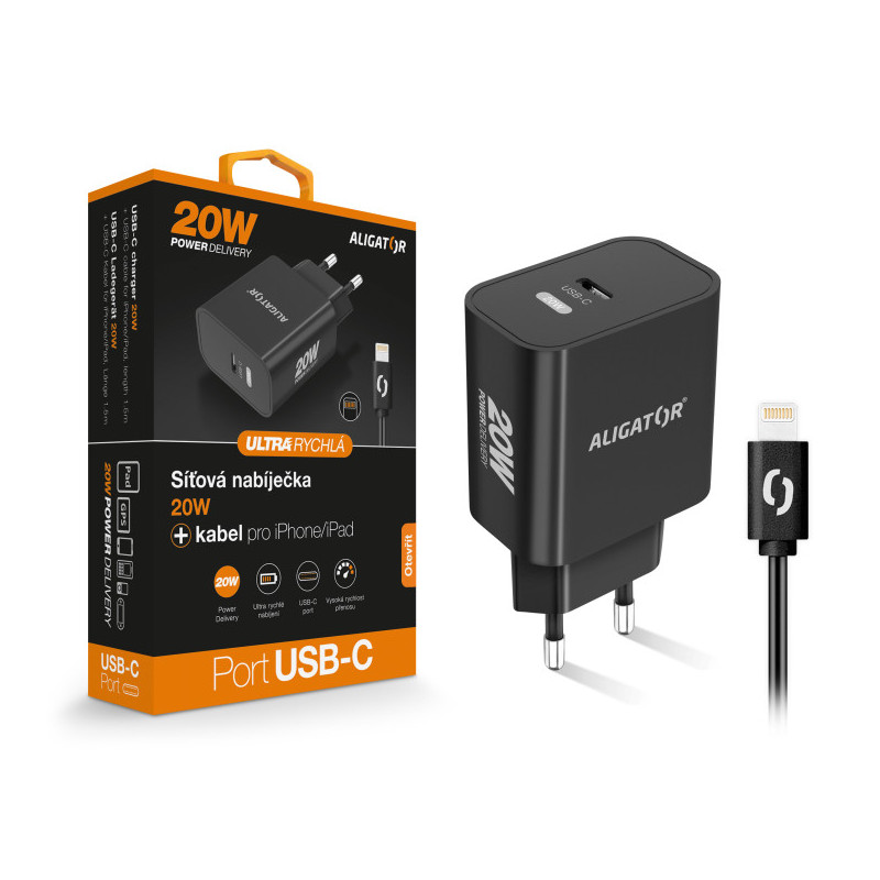 Múdra sieťová nabíjačka ALIGATOR Power Delivery 20W, USB-C kábel pre iPhone / iPad, čierna