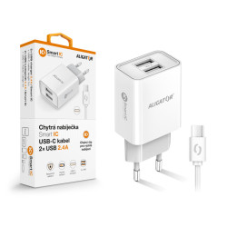 Múdra sieťová nabíjačka ALIGATOR 2,4A, 2xUSB, smart IC, biela, USB-C kábel