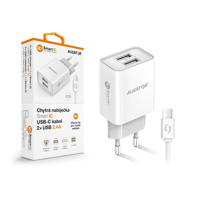 Múdra sieťová nabíjačka ALIGATOR 2,4A, 2xUSB, smart IC, biela, USB-C kábel