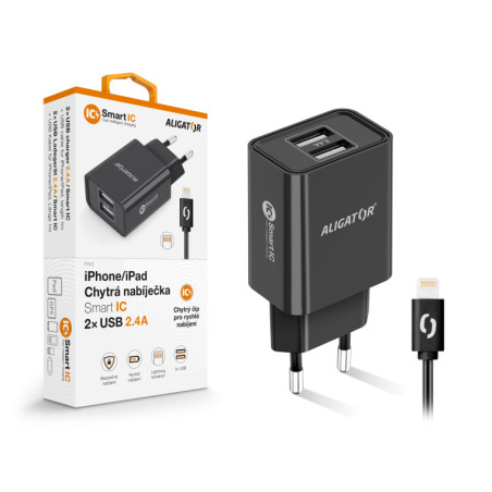 Múdra sieťová nabíjačka ALIGATOR 2,4A, 2xUSB, smart IC, čierna, USB kábel pre iPhone / iPad