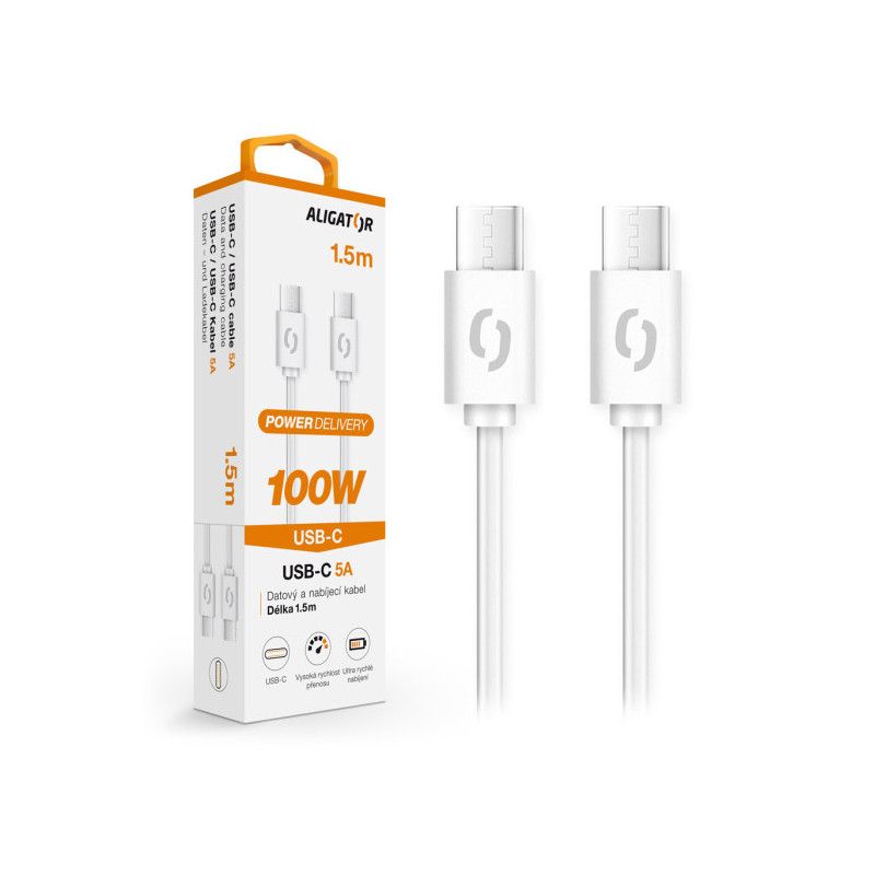 Dátový kábel ALIGATOR POWER 100W, USB-C/USB-C 5A, 1,5m biely