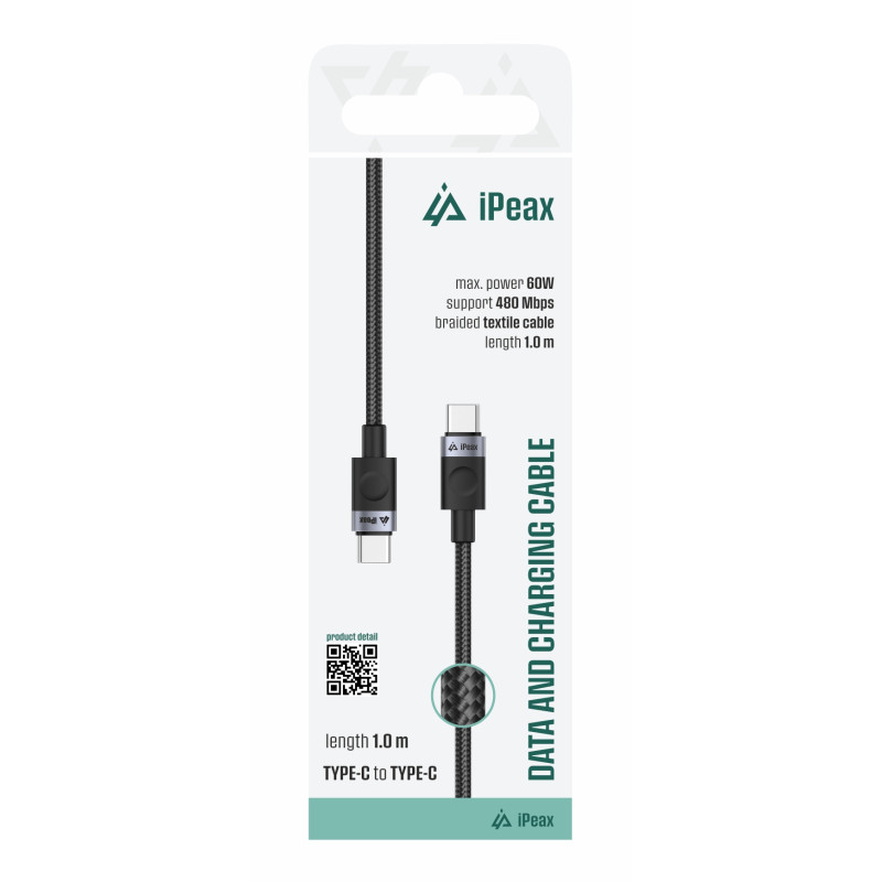 TEXTILNÝ KÁBEL USB-C / USB-C 1M, USB 2.0 ČIERNY