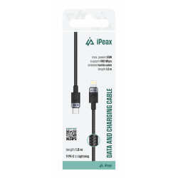 TEXTILNÝ KÁBEL USB-C / LIGHTNING 1M, USB 2.0 ČIERNY