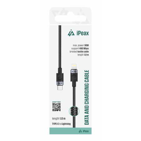 TEXTILNÝ KÁBEL USB-C / LIGHTNING 1M, USB 2.0 ČIERNY