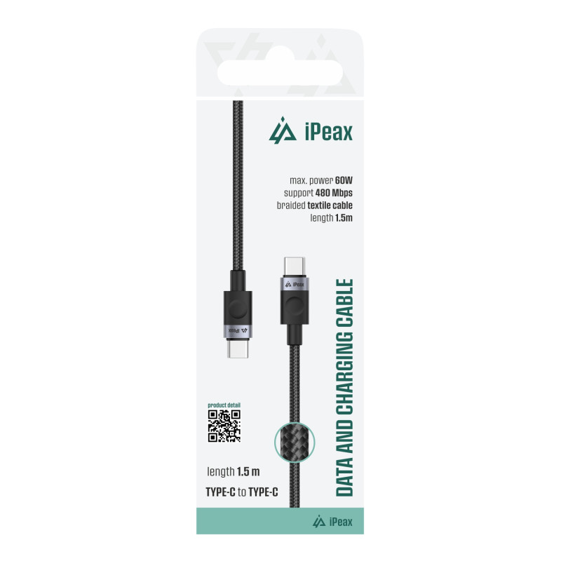 TEXTILNÝ KÁBEL USB-C / USB-C 1,5M, USB 2.0 ČIERNY