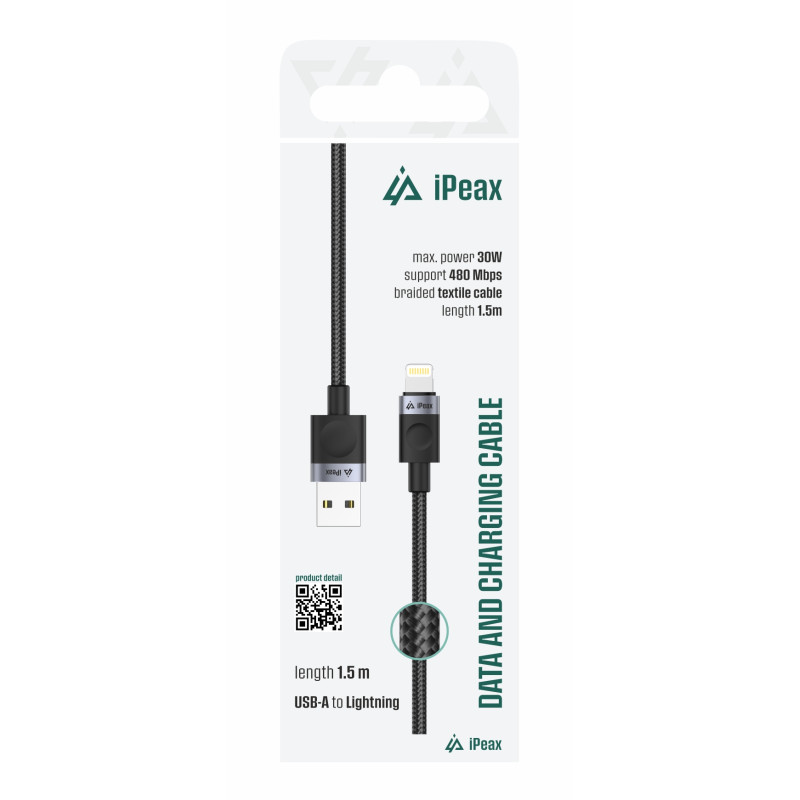TEXTILNÝ KÁBEL USB-A/LIGHTNING 1,5M, USB 2.0 ČIERNY