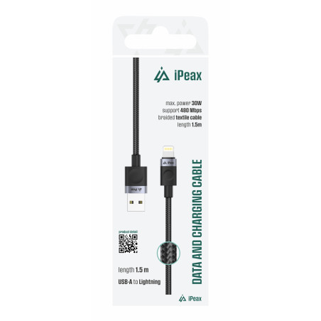 TEXTILNÝ KÁBEL USB-A/LIGHTNING 1,5M, USB 2.0 ČIERNY