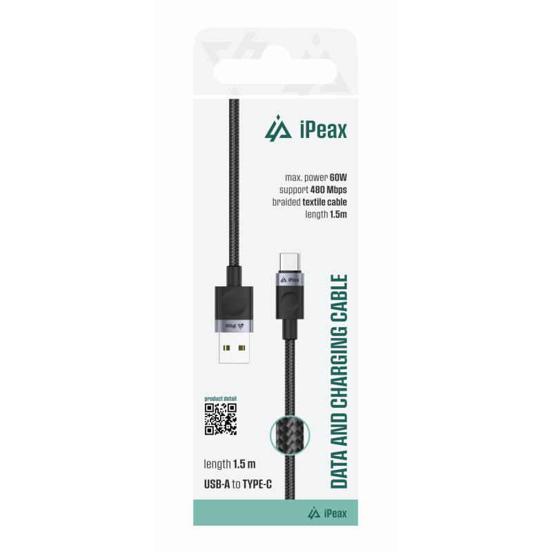 TEXTILNÝ KÁBEL USB-A / USB-C 1,5M, USB 2.0 ČIERNY