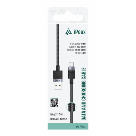TEXTILNÝ KÁBEL USB-A / USB-C 1,5M, USB 2.0 ČIERNY