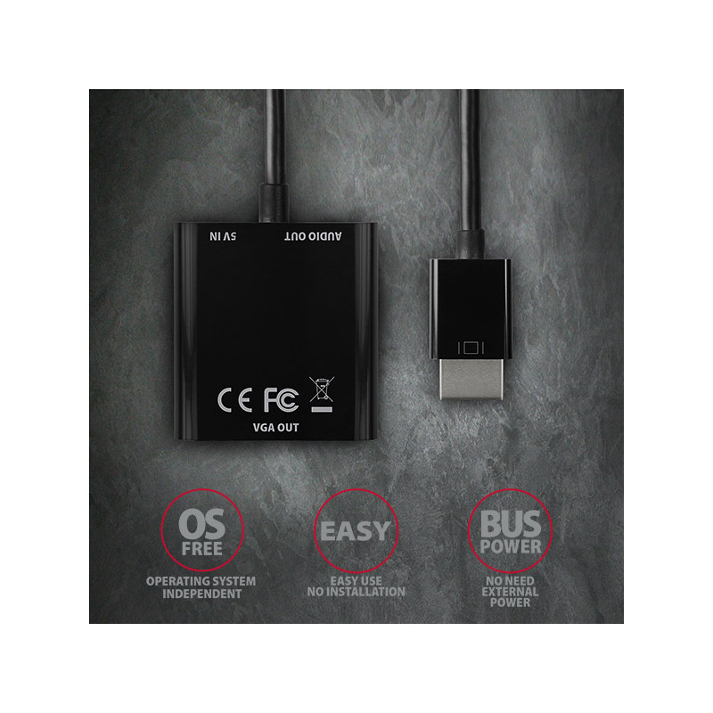 AXAGON RVH-VGAN, HDMI - VGA redukcia/adapter, FullHD, audio výstup, micro USB napr. konektor