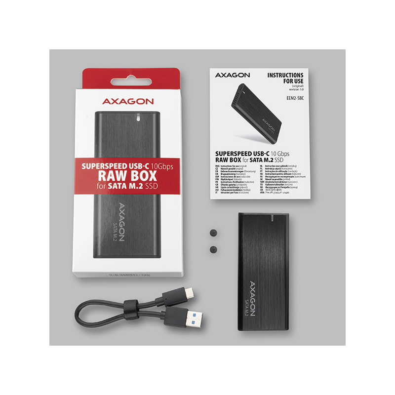 AXAGON EEM2-SBC, USB-C 3.2 Gen 2 - M.2 SATA SSD kovový RAW box, bezšroubový