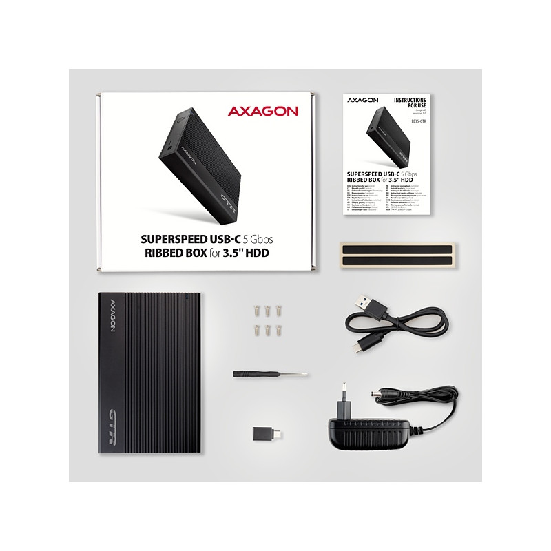 AXAGON EE35-GTR, USB-C 5Gbps - SATA 6G 3.5'' RIBBED box, čierny