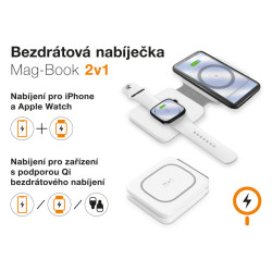 Bezdrôtová nabíjačka ALIGATOR Mag-Book 2v1, určené pre MagSafe a nabíjanie Apple Watch, 15W, biela