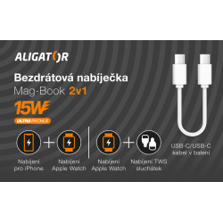 Bezdrôtová nabíjačka ALIGATOR Mag-Book 2v1, určené pre MagSafe a nabíjanie Apple Watch, 15W, biela