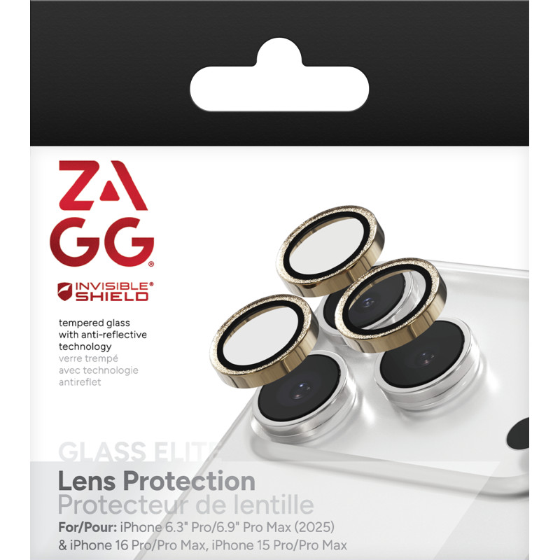 ZAGG Ochranná šošovka pre Apple iPhone 17 Pro/Pro Max/16 Pro/Pro Max/15 Pro/Pro Max - zlatá trblietka