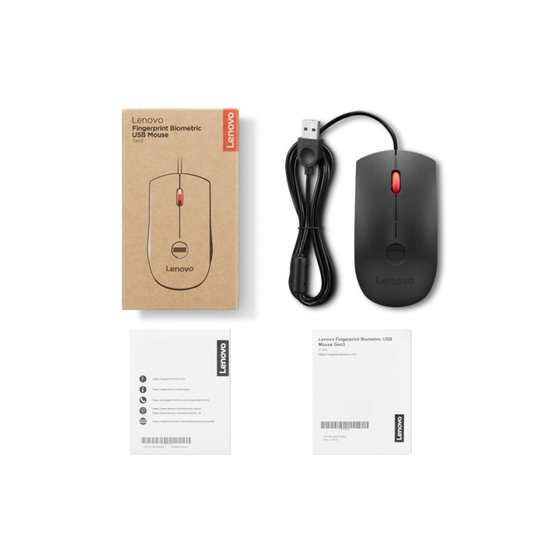 Lenovo Fingerprint Biometric USB Mouse Gen 3/Kancelárska/Optická/2 000 DPI/Drôtové USB-A/Čierna