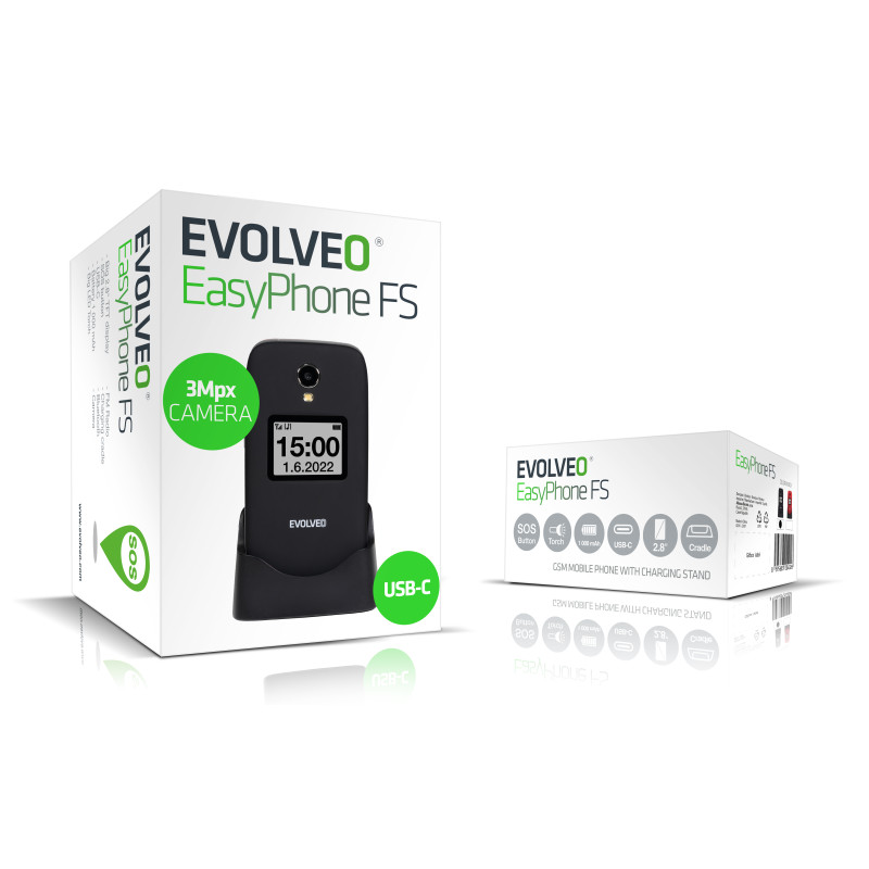 EVOLVEO EasyPhone FS, vyklápací telefón 2.8'' pre seniorov s nabíjacím stojanom (čierna farba)