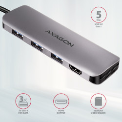 AXAGON HMC-HCR3A, USB 3.2 Gen 1 húb, porty 3x USB-A, HDMI 4k/30Hz, SD/microSD, kábel USB-C 20cm