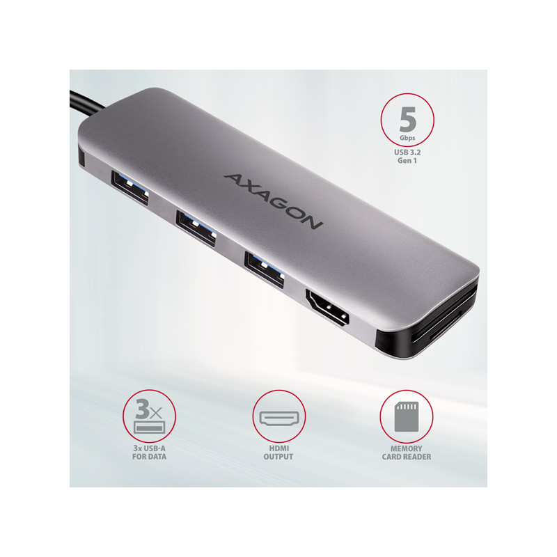 AXAGON HMC-HCR3A, USB 3.2 Gen 1 húb, porty 3x USB-A, HDMI 4k/30Hz, SD/microSD, kábel USB-C 20cm