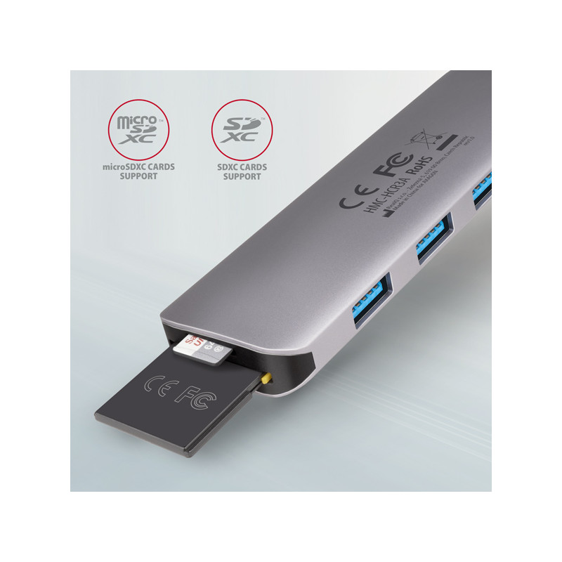 AXAGON HMC-HCR3A, USB 3.2 Gen 1 húb, porty 3x USB-A, HDMI 4k/30Hz, SD/microSD, kábel USB-C 20cm