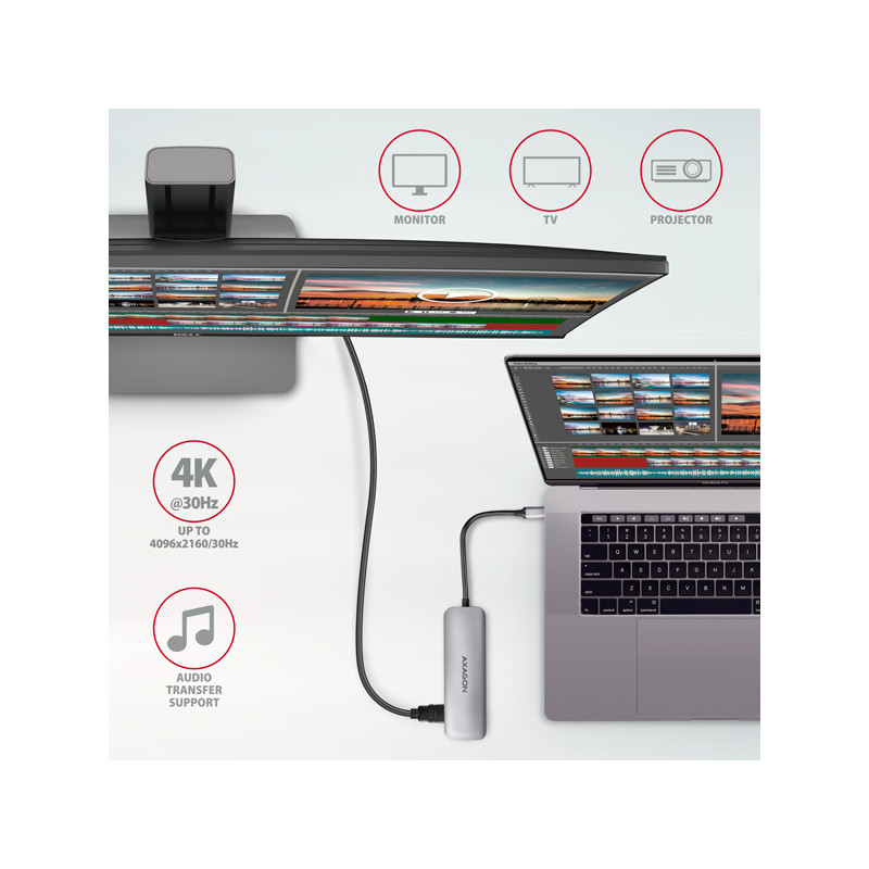 AXAGON HMC-HCR3A, USB 3.2 Gen 1 húb, porty 3x USB-A, HDMI 4k/30Hz, SD/microSD, kábel USB-C 20cm