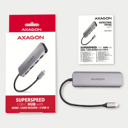 AXAGON HMC-HCR3A, USB 3.2 Gen 1 húb, porty 3x USB-A, HDMI 4k/30Hz, SD/microSD, kábel USB-C 20cm