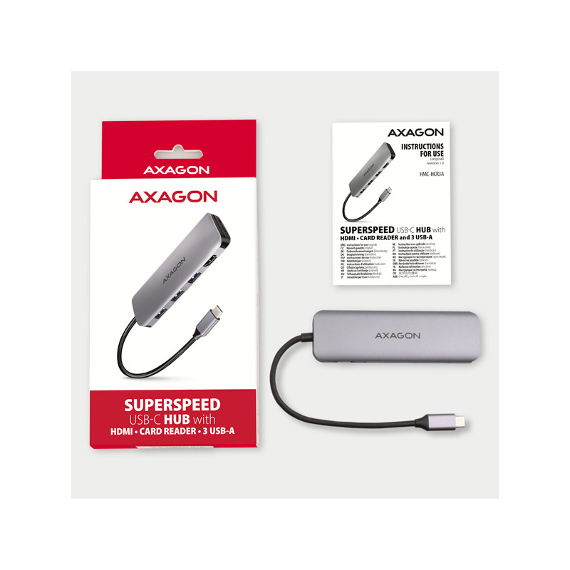AXAGON HMC-HCR3A, USB 3.2 Gen 1 húb, porty 3x USB-A, HDMI 4k/30Hz, SD/microSD, kábel USB-C 20cm