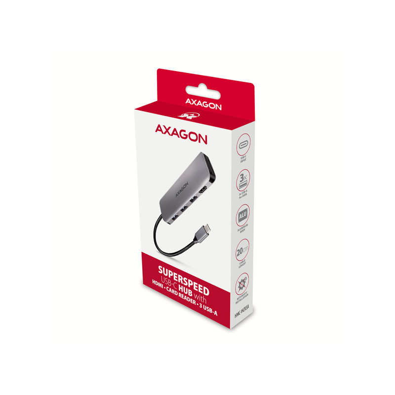 AXAGON HMC-HCR3A, USB 3.2 Gen 1 húb, porty 3x USB-A, HDMI 4k/30Hz, SD/microSD, kábel USB-C 20cm