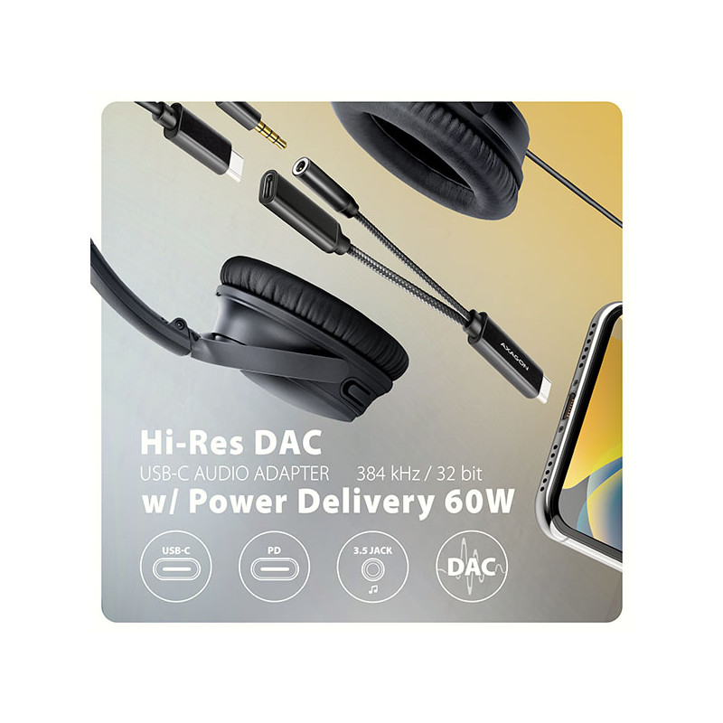 AXAGON ADA-HCPD, USB-C na 3.5mm jack - Hi-Res DAC audio adaptér, 384kHz/32bit, stereo, PD 60W 3A