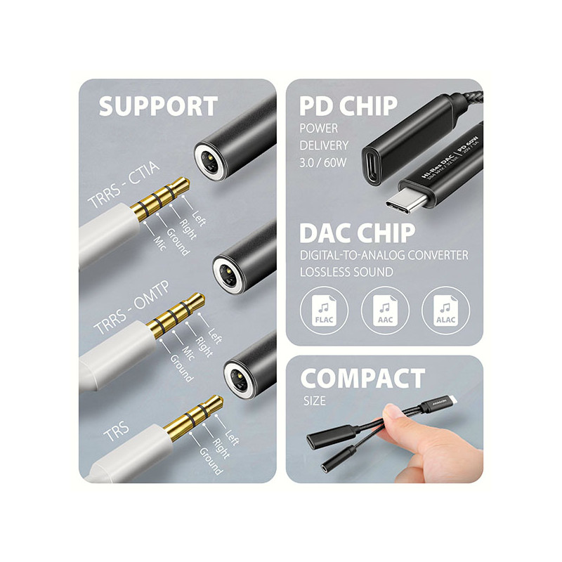 AXAGON ADA-HCPD, USB-C na 3.5mm jack - Hi-Res DAC audio adaptér, 384kHz/32bit, stereo, PD 60W 3A