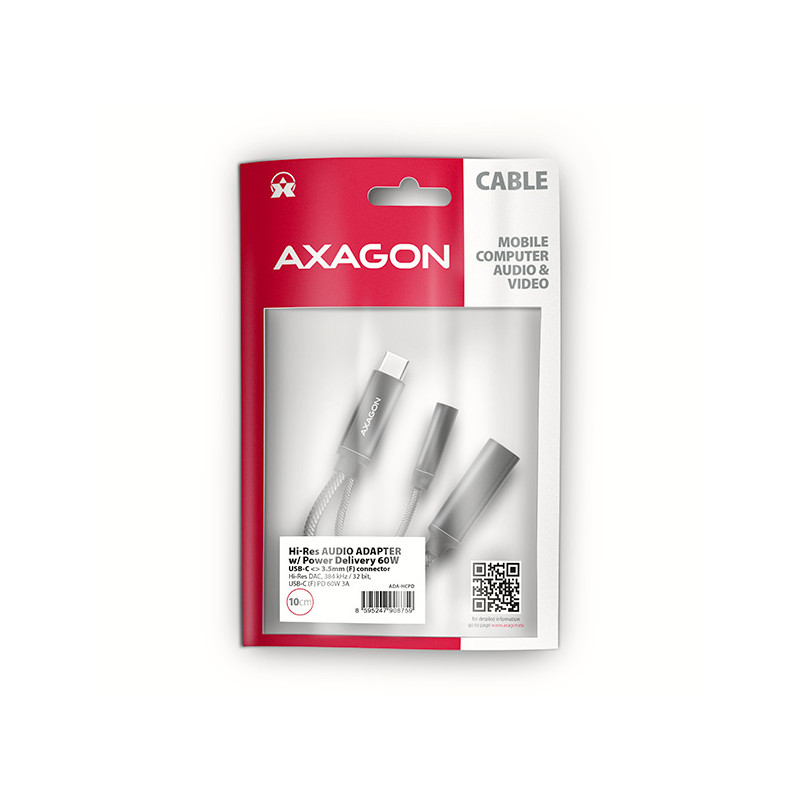 AXAGON ADA-HCPD, USB-C na 3.5mm jack - Hi-Res DAC audio adaptér, 384kHz/32bit, stereo, PD 60W 3A