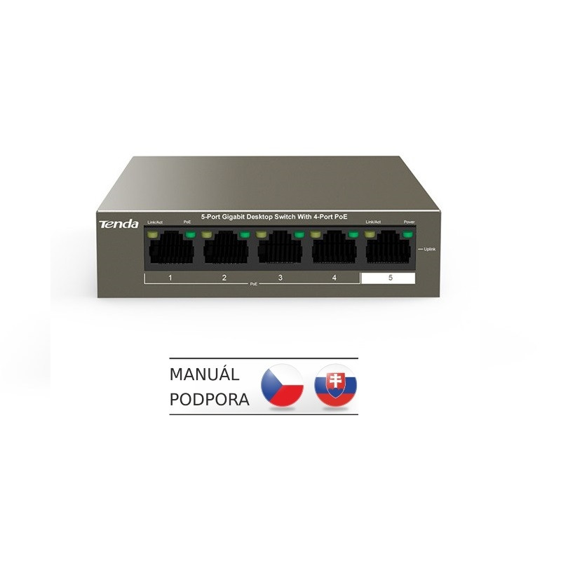 Tenda TEG1105P-4-63W PoE AT switch 4x PoE 802.3af/at, 5x 1 Gb/s, PoE celkom 63W, fanless, PoE+